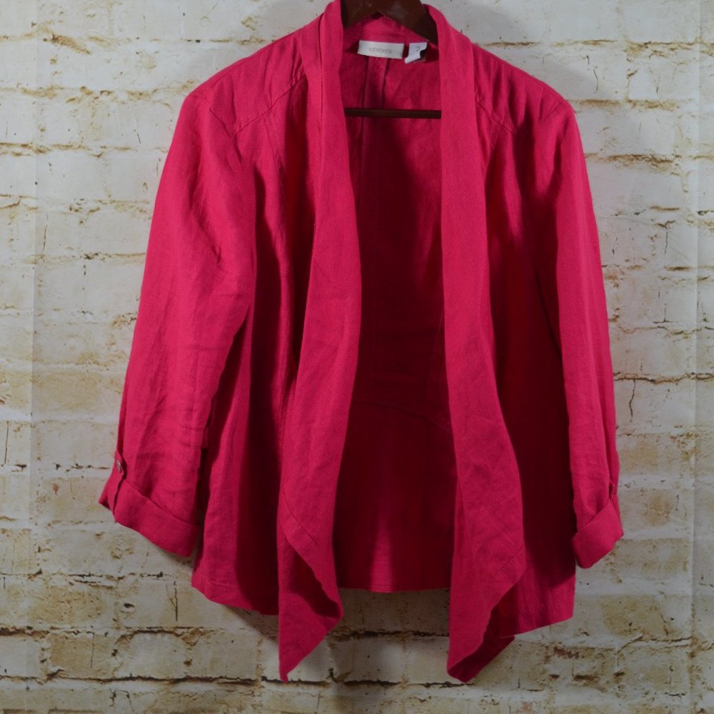 Chicos Linen Blazer Side Buckles Tab Sleeve